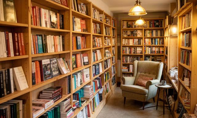 Warm verlichte boekenkast in een Vlaamse boekhandel met houten planken vol nieuwe en tweedehands boeken, een leeshoek met een comfortabele fauteuil